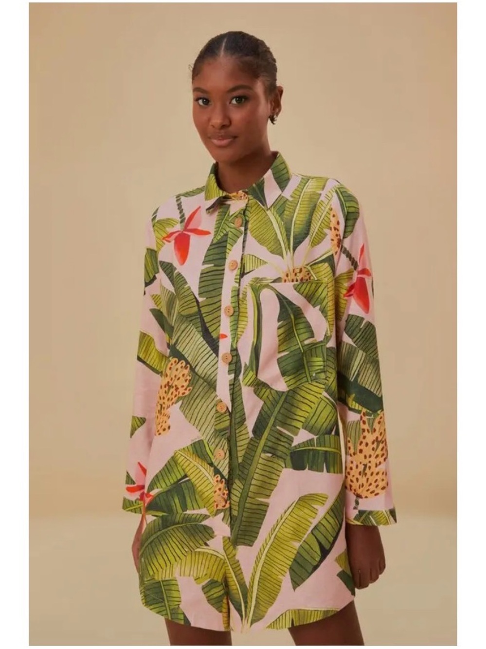 Farm Rio Pink Banana Leaves Linen Jumpsuit Small Long Sleeve Tropical Vacay Chic